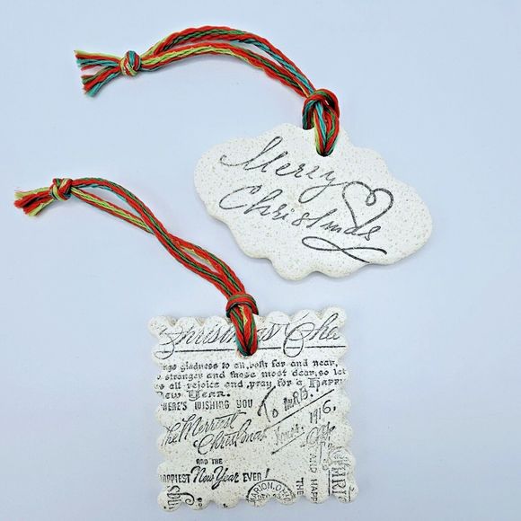 Merry Christmas Ornament Holiday Script Salt Dough Tree Trim Set of Two - Picture 1 of 6